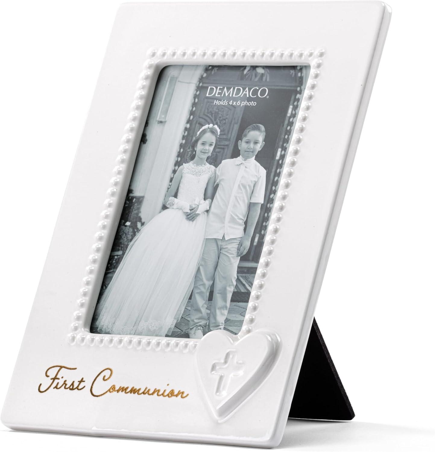 imageDEMDACO Tender Blessings 9 x 65 Inch Ceramic Stoneware Wall or Tabletop Picture Frame Classic White First Communion Holds 4x6 PhotoFirst Communion Photo Frame