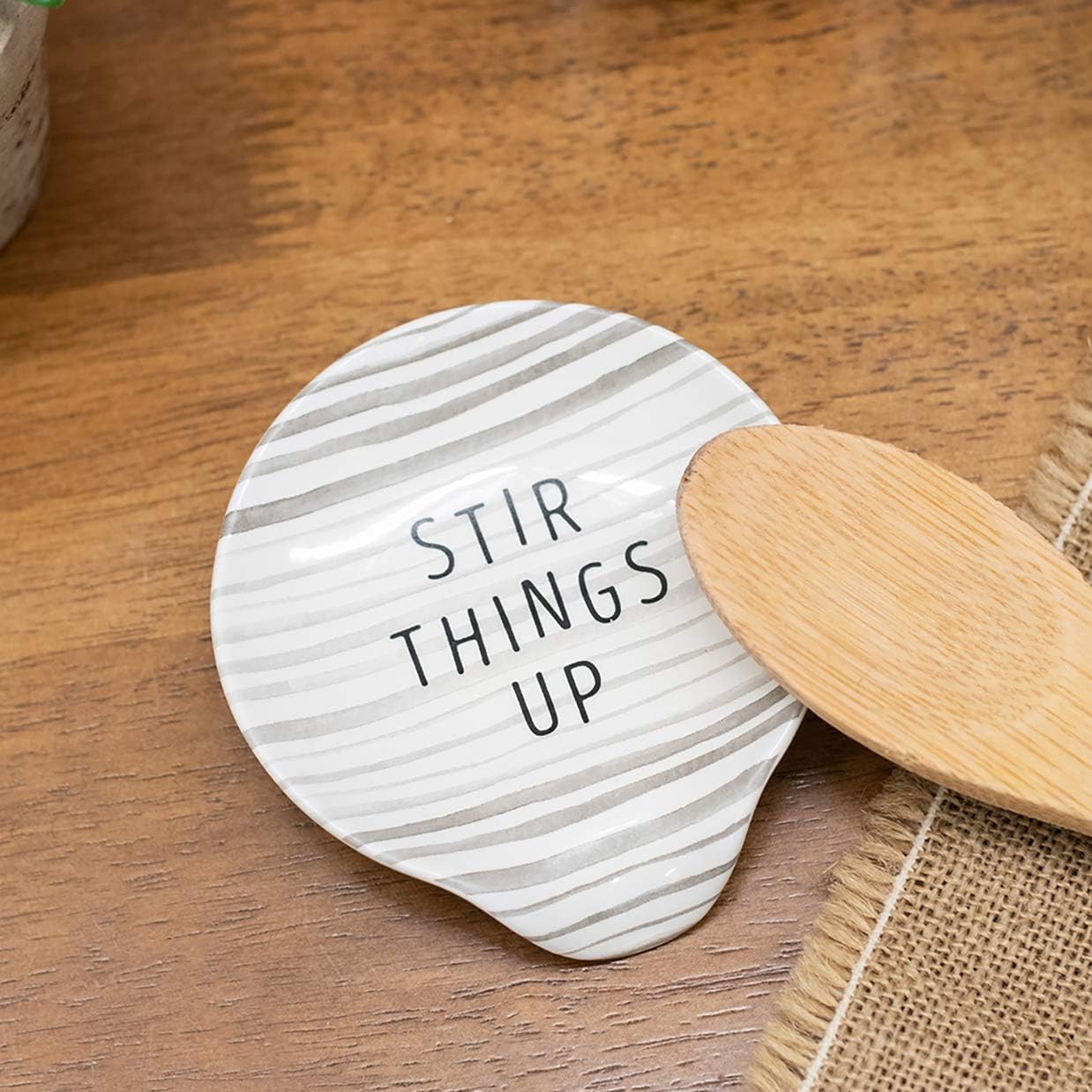 image:imageDEMDACO Stir Things Up 45 x 4 Glossy White and Grey Stripe Ceramic Stoneware Kitchen Spoon Rest