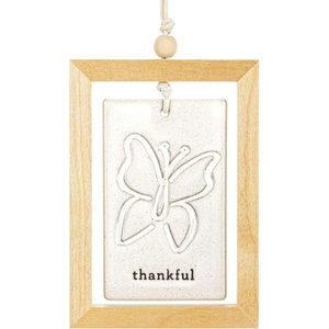 DEMDACO Thankful For The Little Things – 4.5 x 3 Inch Ivory Stoneware and Birch Wood Decorative Hanging Plaque Ornament