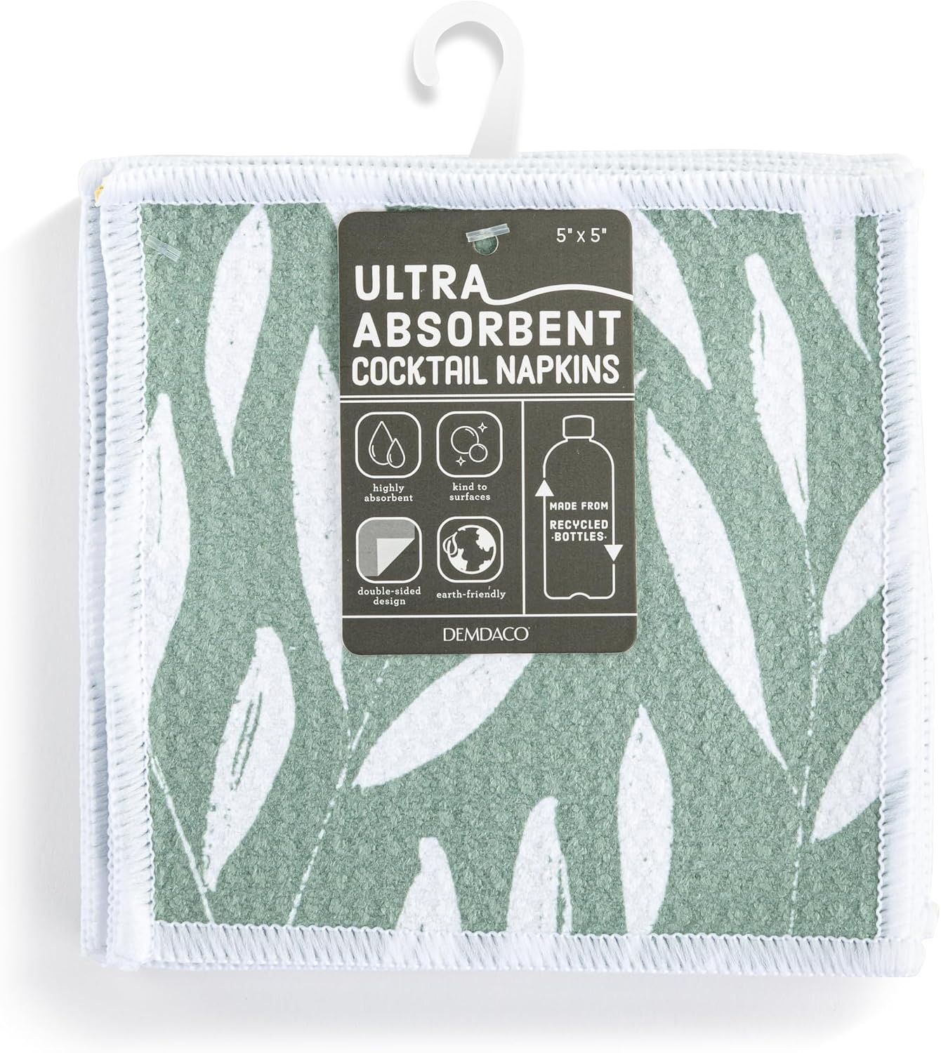 image:imageDEMDACO Reusable Absorbent Cloth Cocktail Napkins from Design Serving Collection 5 Inch Square Polyester Fiber Sage Leaves Set of 8