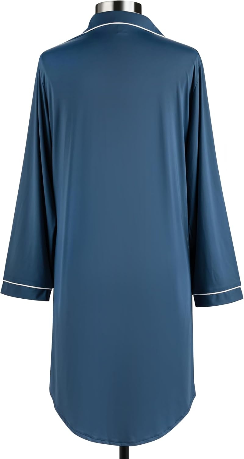 image:imageDEMDACO Womens Long Sleeve Cooling Button Up Pajama Loungewear Night Shirt Polyester and SpandexBlue