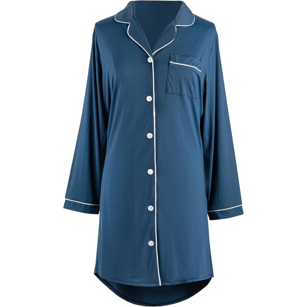 image:imageDEMDACO Womens Long Sleeve Cooling Button Up Pajama Loungewear Night Shirt Polyester and SpandexBlue