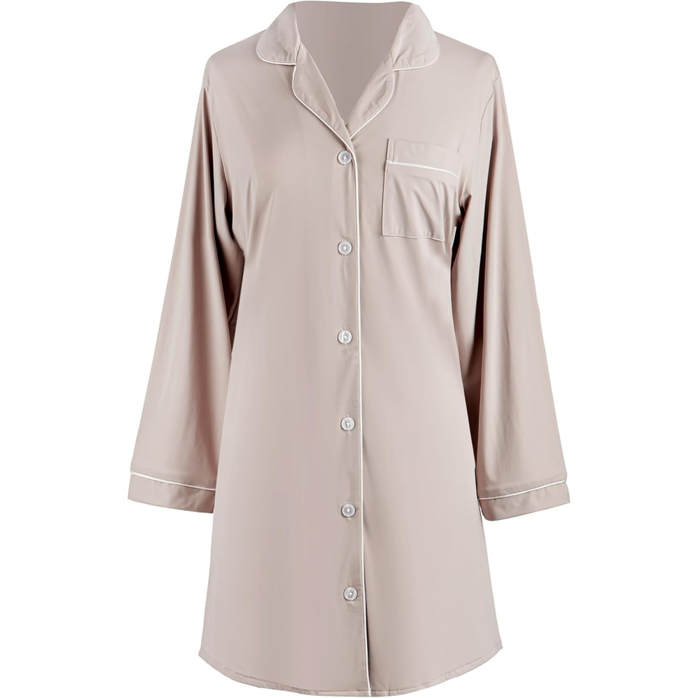 image:imageDEMDACO Womens Long Sleeve Cooling Button Up Pajama Loungewear Night Shirt Polyester and SpandexGray