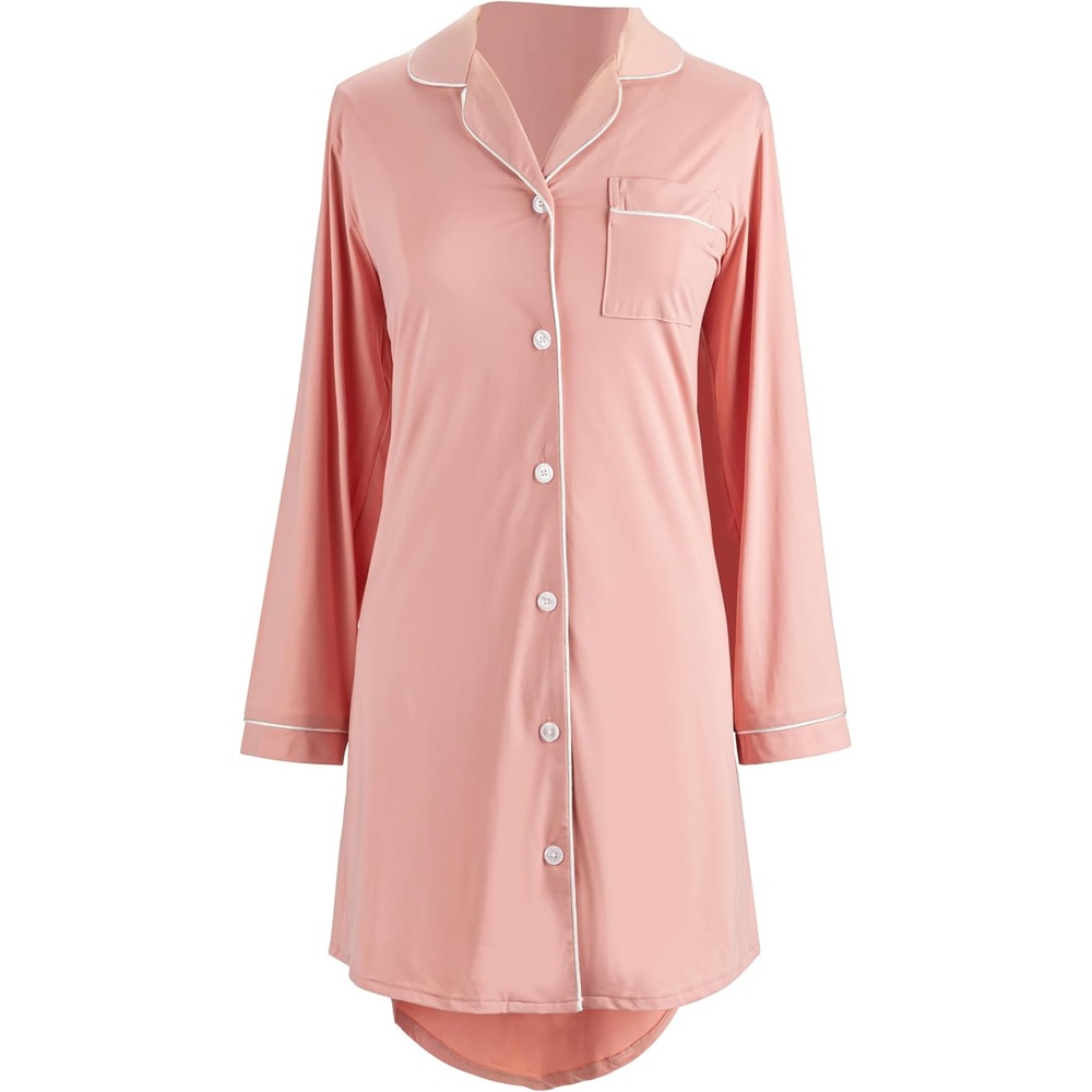 image:imageDEMDACO Womens Long Sleeve Cooling Button Up Pajama Loungewear Night Shirt Polyester and SpandexPink