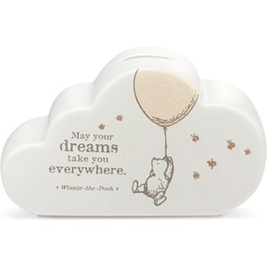 DEMDACO Pooh Classic Yellow Bear, 6.5 x 4 Inch, Classic White and Brown, Ceramic Stoneware, Savings Bank, Dreams Take You Everywhere