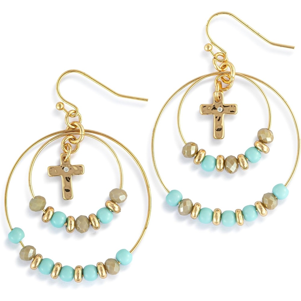image:imageDemdaco Womens Everyday Fashion Dangle Hoop Earrings 2 Inches GoldPlated Beaded Cross