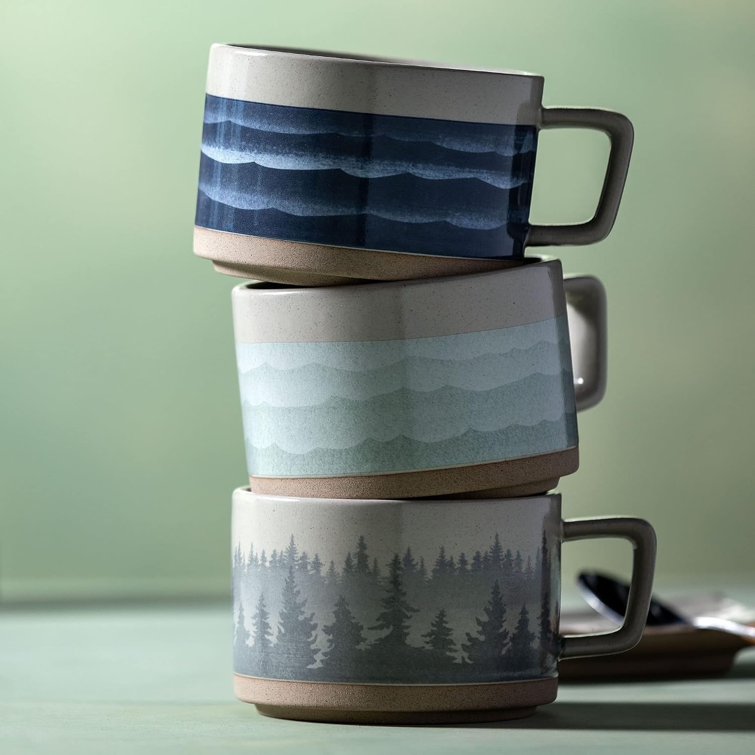 image:imageDEMDACO Forest Mist Hazy Grey Ombre 16 ounce Ceramic Stoneware Soup Mugs Set of 2