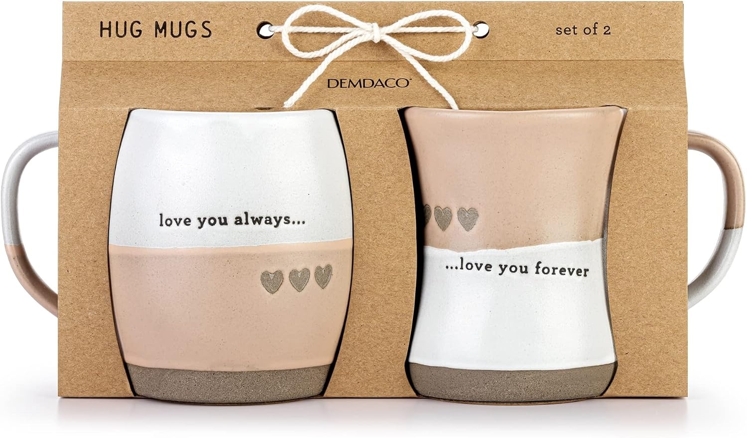 image:imageDEMDACO Love You Always Forever Peach White Heart Hugging 16 and 24 ounce Ceramic Coffee Cup Mug Set of 2