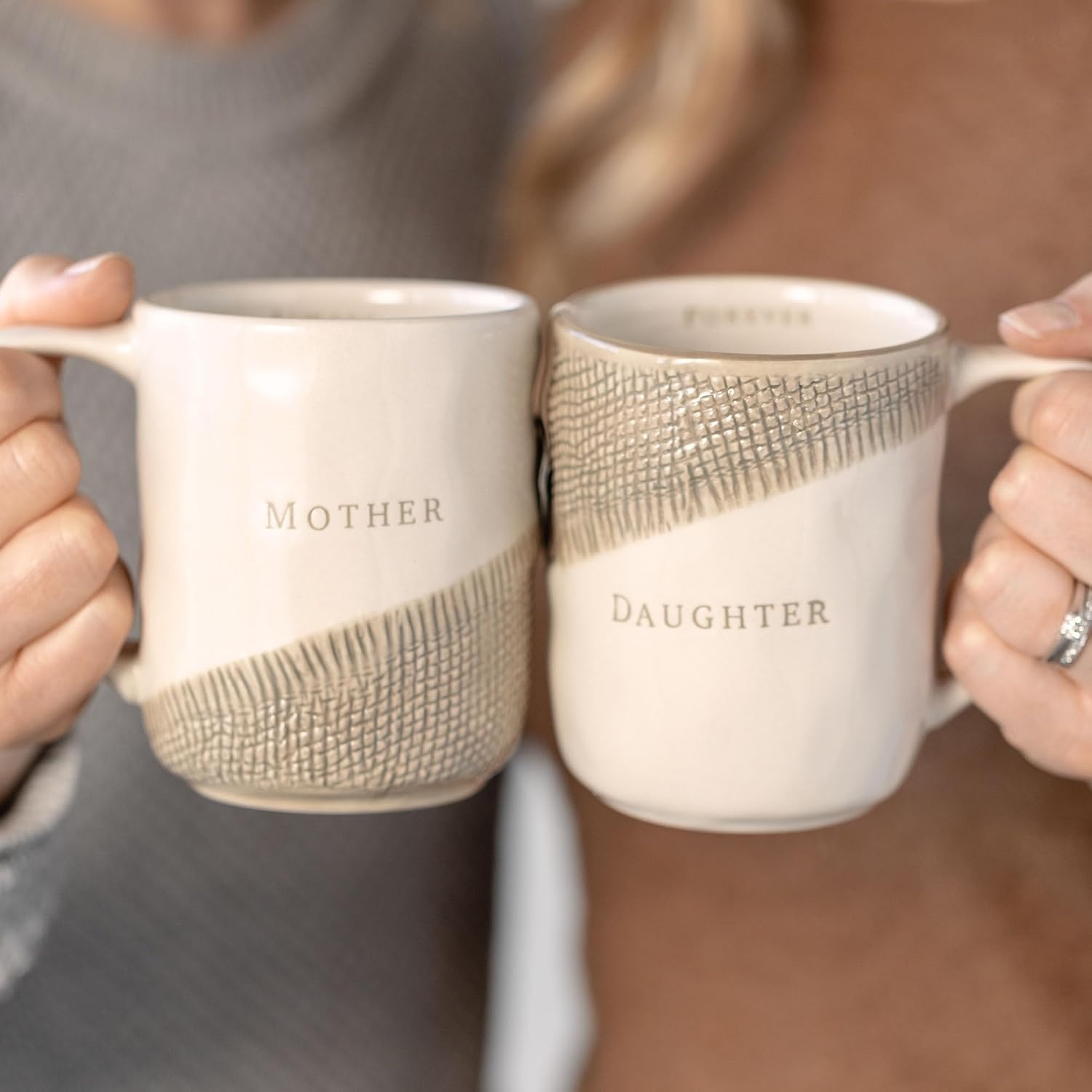 image:imageDEMDACO Mother and Daughter Hug Glossy Cream 12 ounce Stoneware Ceramic Mugs Set of 2