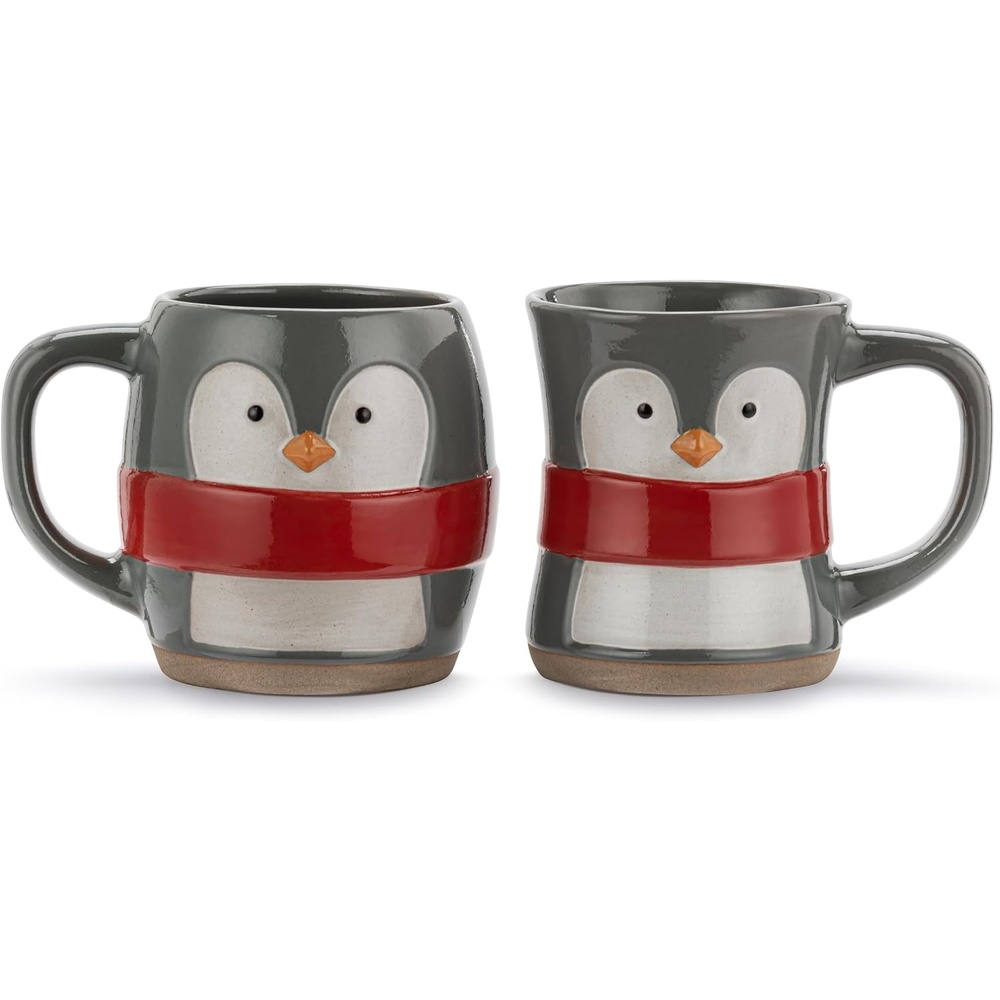 image:imageDEMDACO Snow Day Grey White Red 12 Ounce Ceramic Stoneware Festive Christmas Handmade Coffee Cup Cuddle Mug Set of 2 Penguin