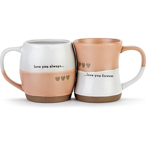 DEMDACO Love You Always Forever Peach White Heart Hugging 16 and 24 ounce Ceramic Coffee Cup Mug Set of 2