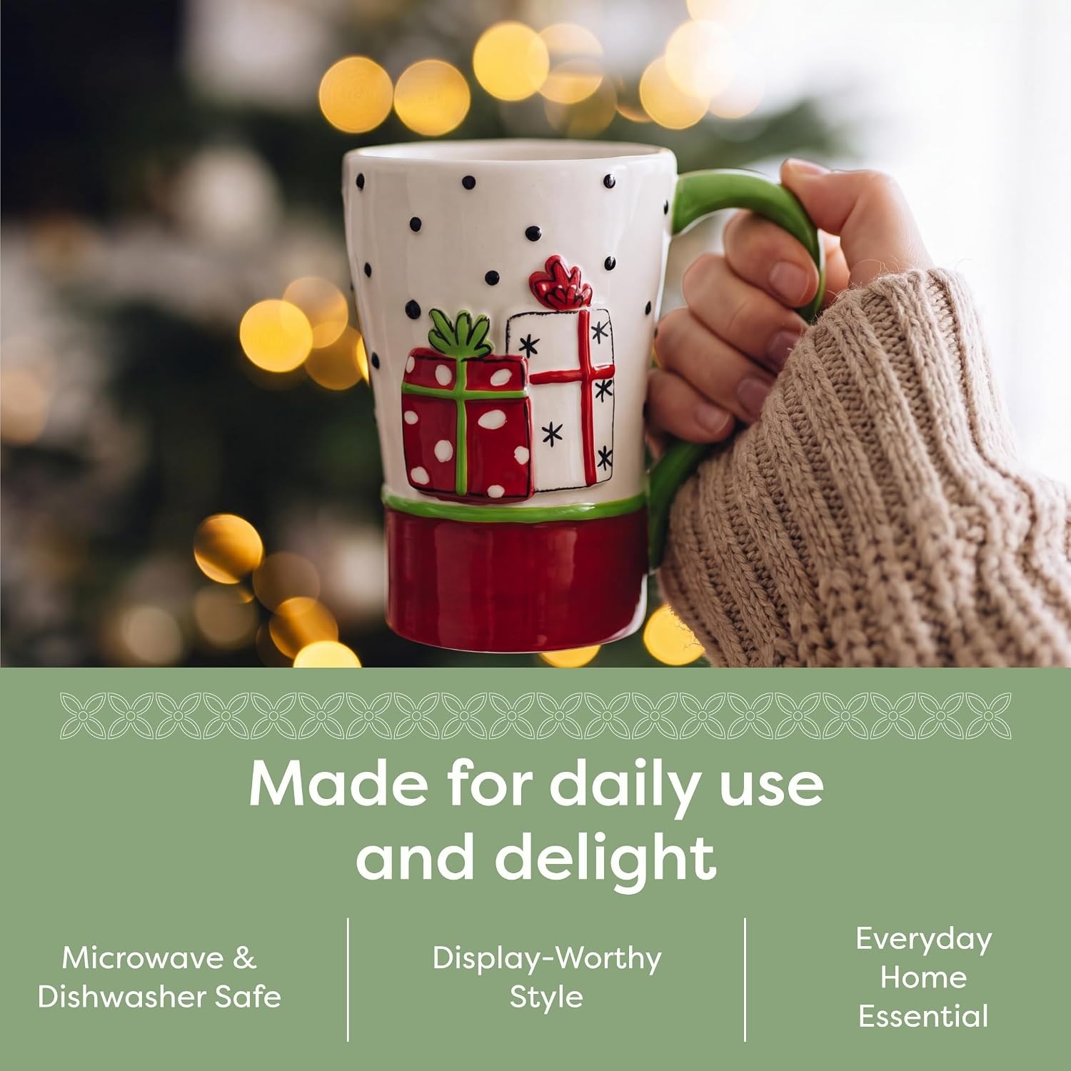 image:imageDEMDACO Wrapped Presents Stoneware Mug Red and Green 16 oz