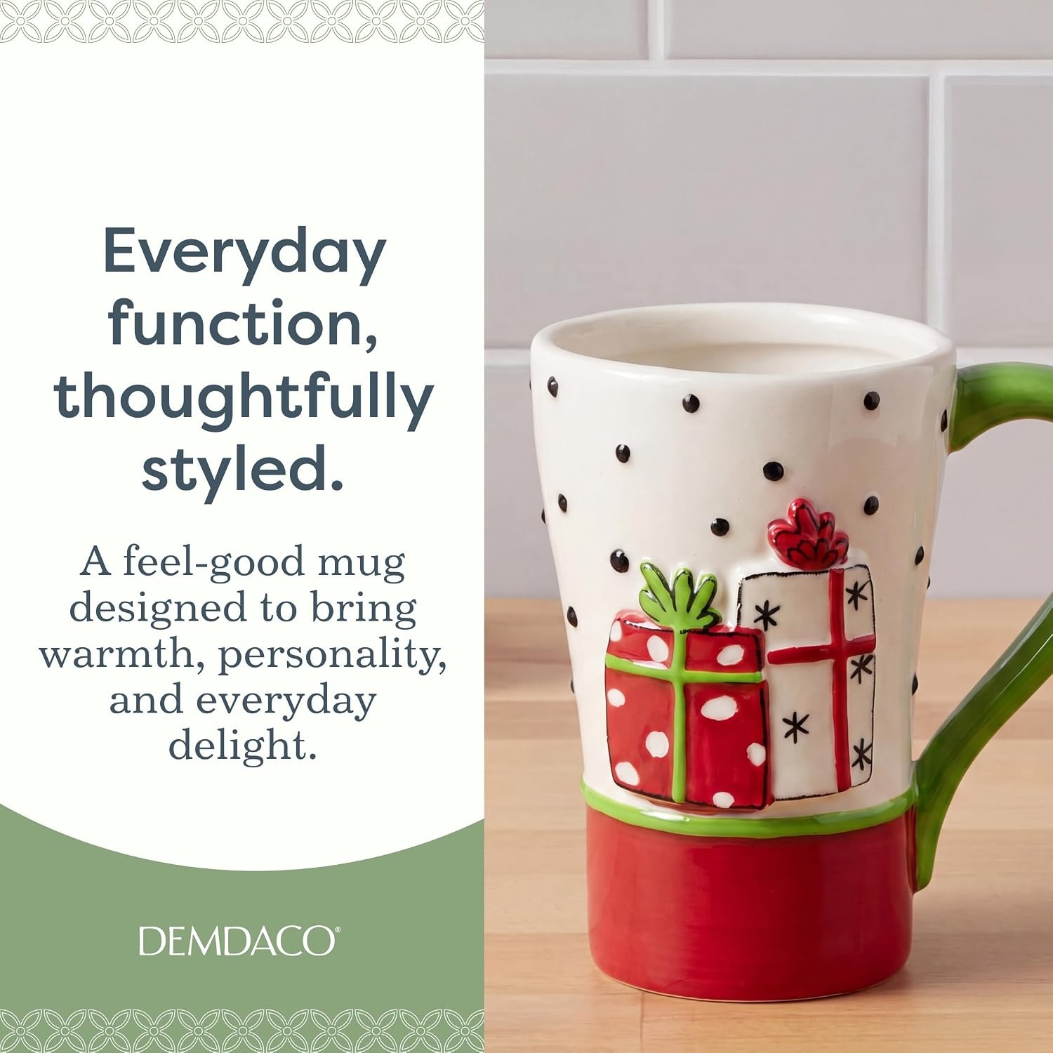 image:imageDEMDACO Wrapped Presents Stoneware Mug Red and Green 16 oz
